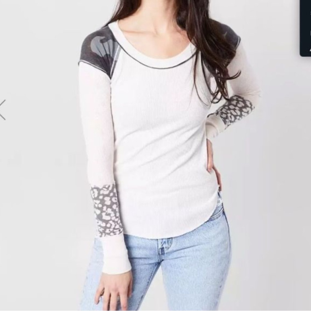 We The Free People Bright Side White Gray Long Sleeve thermal Henley Mixed Small